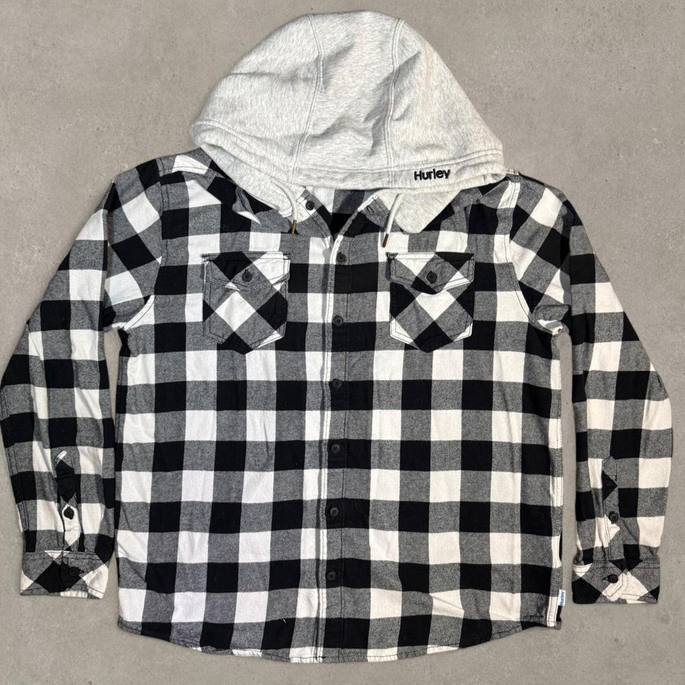 Hurley Plaid Flannel Shirt Hoodie Black White Gray Check Button Up Men's L